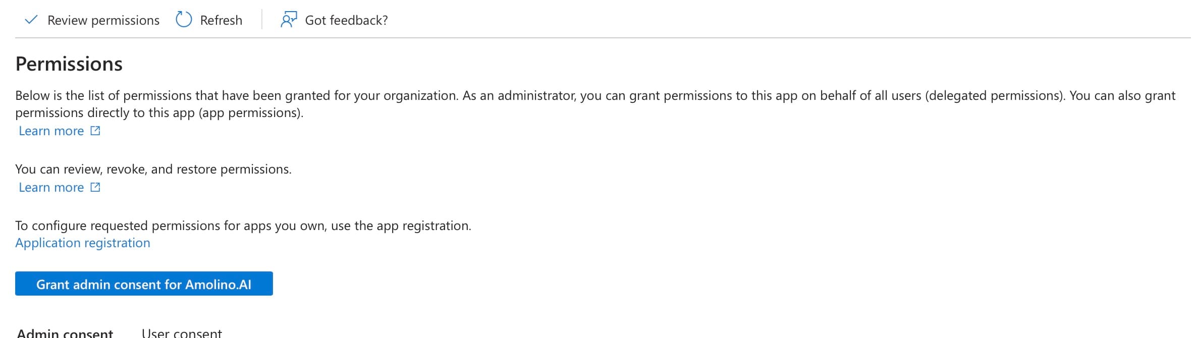 Grant admin consent button for Amolino app in Microsoft Azure Portal