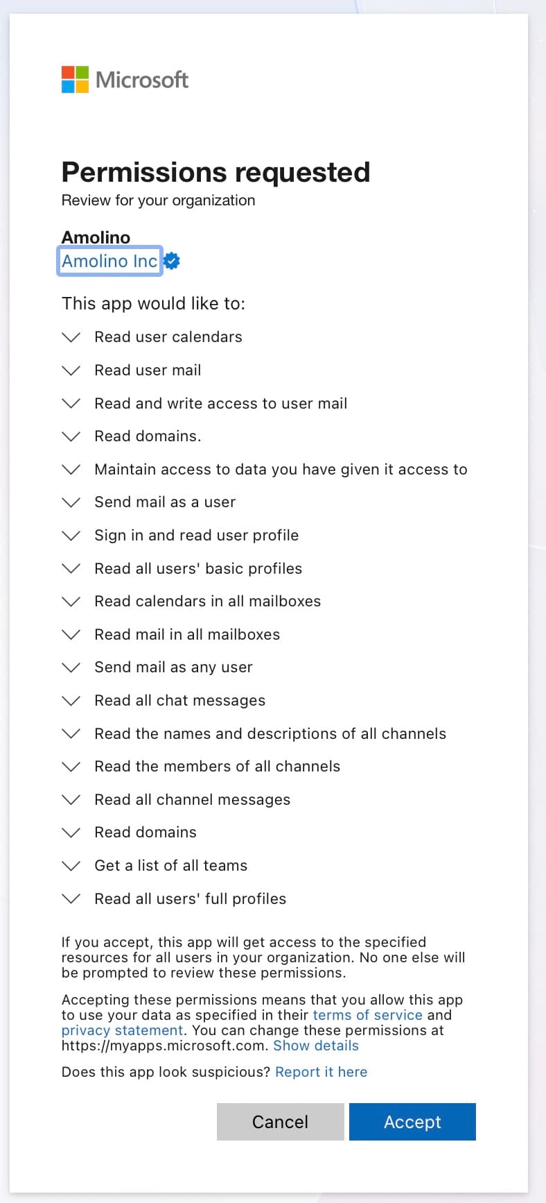 Microsoft admin consent dialog for Amolino app