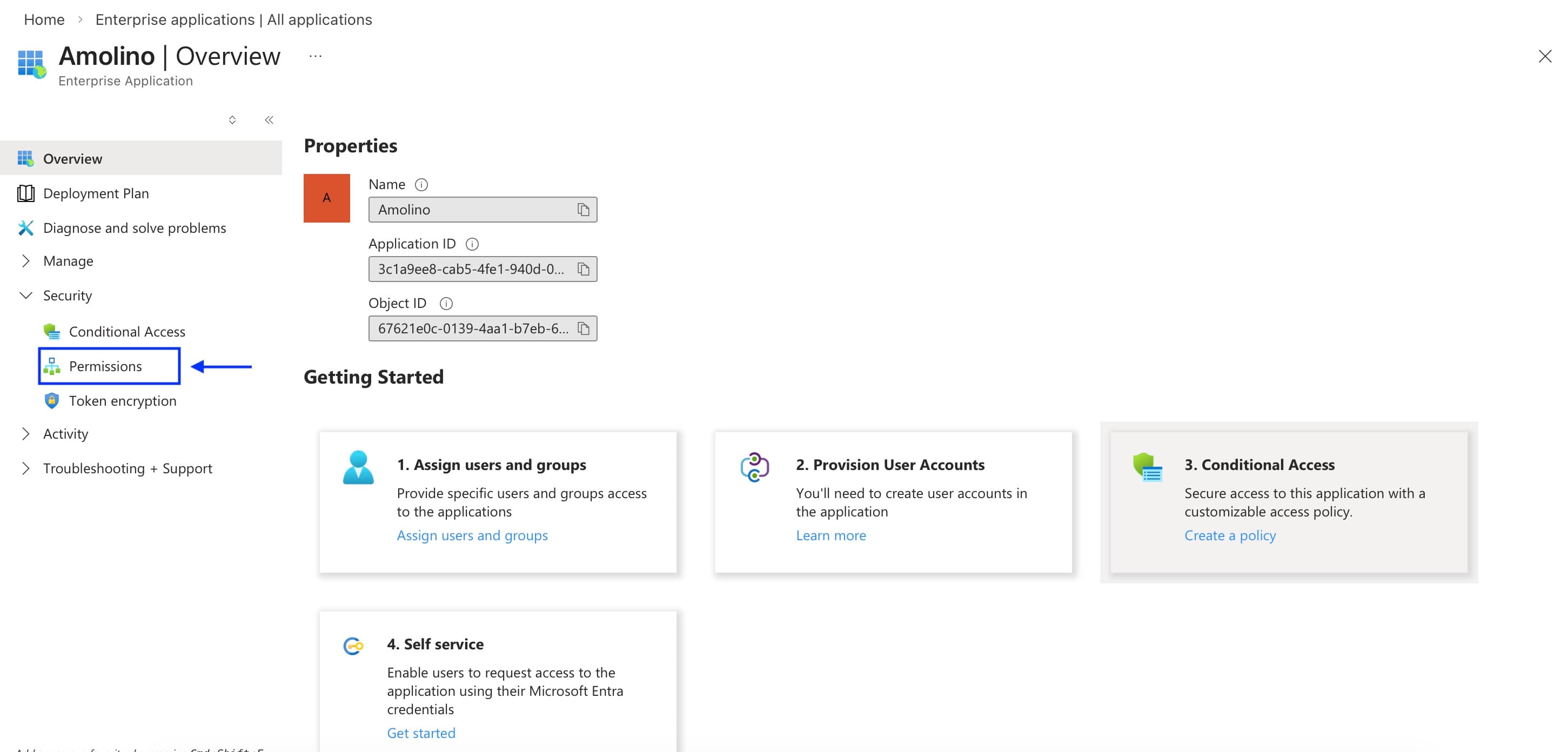 Permissions for Amolino app in Microsoft Azure Portal