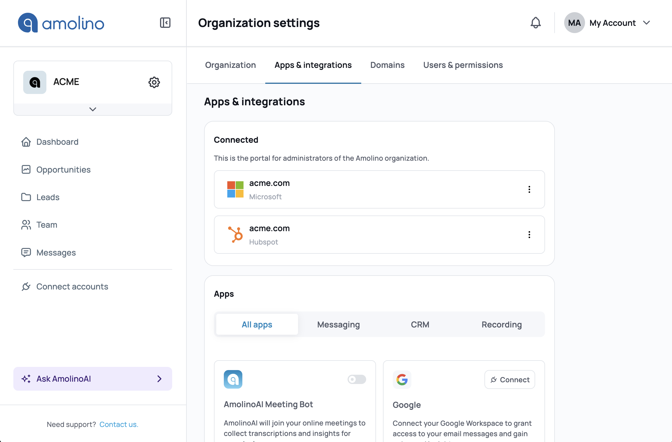 Apps & Integrations screen